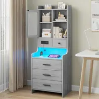 Sikaic LED Tall Nightstand with Charging Station, RGB Bedside Table with Drawers, Shelves and Glass Door Storage for Bedroom