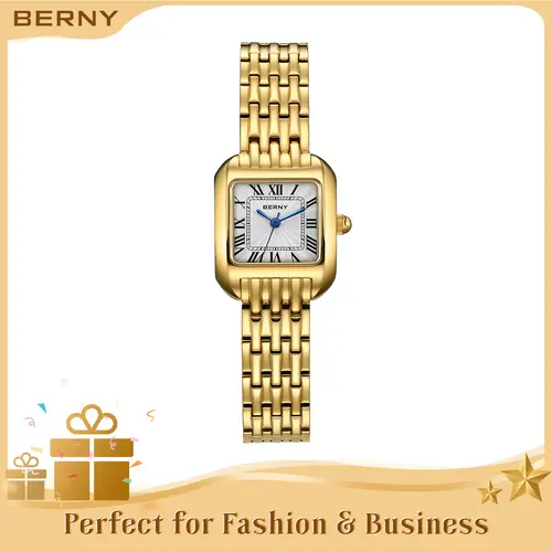 BERNY Gold Watch for Women - High Quality Elegant Vintage Square Quartz Wristwatch, Waterproof, Easily Resizable Bracelet, Roman Numeral Dial, Luxury Classy Jewelry Watches for Business Ladies, Trending Gift for All Occasions, Fall deals for you