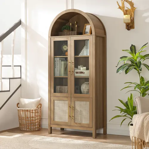 PieDle Furniture 71" Tall Arched Display Cabinet, 5-Tier Bookshelf Modern Farmhouse Arched Bookcase with Glass Doors and Shelves, Wooden Pantry Storage Cabinet for Living Room, Office and Kitchen