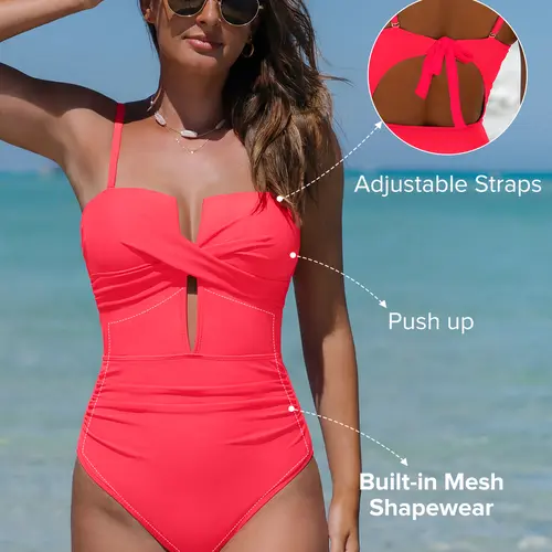 POPVIL Solid Color Wrap Front Lace-up One Pieces Tummy Control V-Neck Swimsuit for Vacation,Sculpting Swimsuit