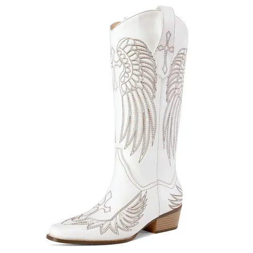 RONILURN Women's Knee-High Cowboy Boots - Pull-On, Square Toe, Low Chunky Block Heel, Embroidered, Rubber Sole, All Seasons Casual Shoes for Women, Western Style Comfortable Dress Footwear