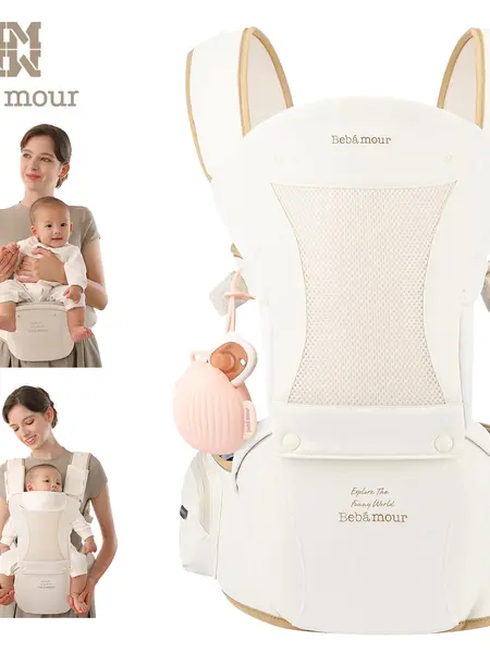 Bebamour Adjustable Ergonomic Hands-Free Baby Carrier with Hip Seat - All-Position Breathable Mesh, 0-36 Months Fit, Newborn-Infant Safe, Front-Facing Design, Head Hood, 3 Teething Pads, Waist Extender, Storage Bag, Pacifier Case, Adjustable Ergonomic Car
