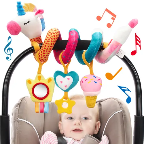 hahaland Unisex Plush Sensory Car Seat & Stroller Toy for 3-6 Months Babies - Soft Cotton, 3 Textures to Explore, Crinkle, Jingle Ice Cream, Mirror, Rattle, Squeaky, Musical Light Up, Safe Sounds, Velcro Attach, BPA-Free Developmental Baby Shower Gift