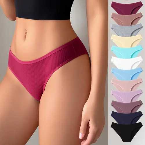 Hotcom Lady's Basic Style Super Soft Ribbed Cotton Seamless Briefs - 12/13Pcs Cheeky Panties with Bow, Comfortable Breathable Fit, Practicality-Focused Multiple Packs, XS-XXL Sizes, Spring Everyday/Wedding Wear, Stripes, Sohochic Minimalist Underwear