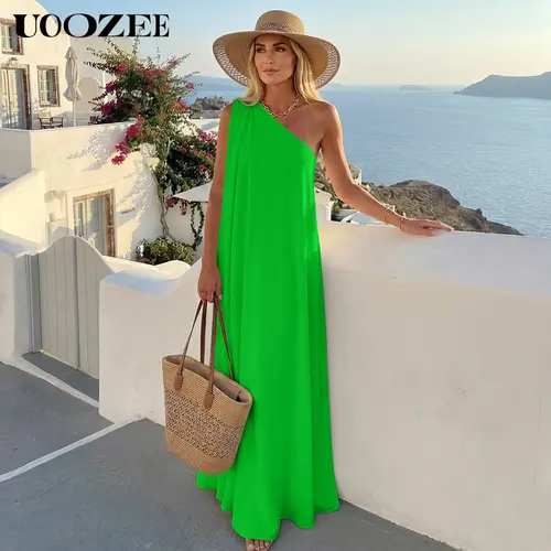 UOOZEE Women's Elegant Asymmetric 1-Shoulder Sleeveless Loose Solid Color Slit Chiffon Maxi Dress - Lightweight, Flowy, White Slightly Transparent, C Cup & Above, Party-Holiday Outfit, Elegant Dresses for Women,summeroutfits,vacationoutfits,beachoutfits