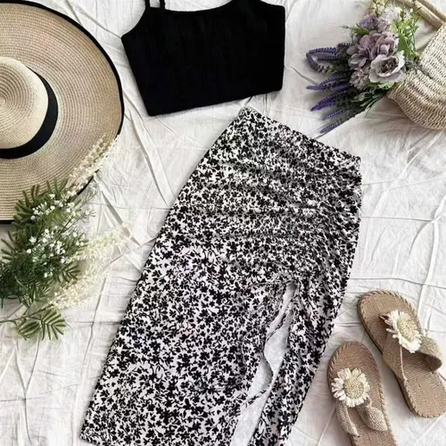 Women's Plain Adjustable Fit Cami Top & Ditsy Floral Print Ruched Drawstring Skirt, Casual Sleeveless Top & Skirt for Summer, Two-piece Women’s Sets, Summer Beach Sets, Womenswear, Clothes
