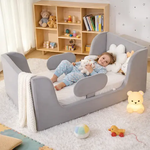 ABORON Velvet Wood Single Toddler Floor Bed Frame - Standard Crib Size, Removable Guard Rails, Detachable Legs, Soft Foam Padding, Thick Sponge Padding, Round Edges, Certified Cute Fabric, Safe Sleep Bed, Modern Children's Furniture