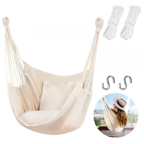 Sturdy Cotton Weave Hanging Swing Chair - Egg Rope Swing Chairs, 300 Lbs Max Capacity, 1 Pocket, 2 Pillows, 39.4" x 51.2", All Ages, Ideal for Patio, Home, Beach Relaxation