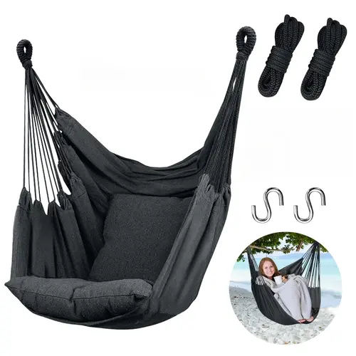 Adjustable Fabric Hammock Hanging Rope Swing - Dark Gray, Full-Lie Design, 300 Lbs Max Capacity, Quality Cotton Weave, 2 Pillows & Side Pocket, Lightweight, Easy to Carry, Ideal Gift for All Ages, Bedrooms, Patio, Outdoor Camping