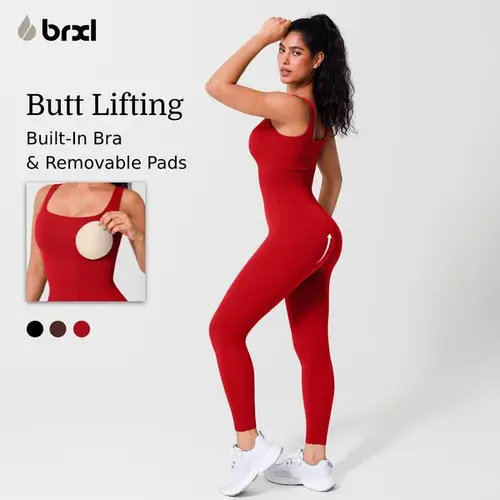 BRXL Women's Square Neck Ribbed Sleeveless Seamless Built-in Bra Solid Color Jumpsuit - Slimming Fit, Multi-Size Stretchable Activewear Sportswear Jumpsuits with Tummy Control for Fitness Yoga, Workout Wear