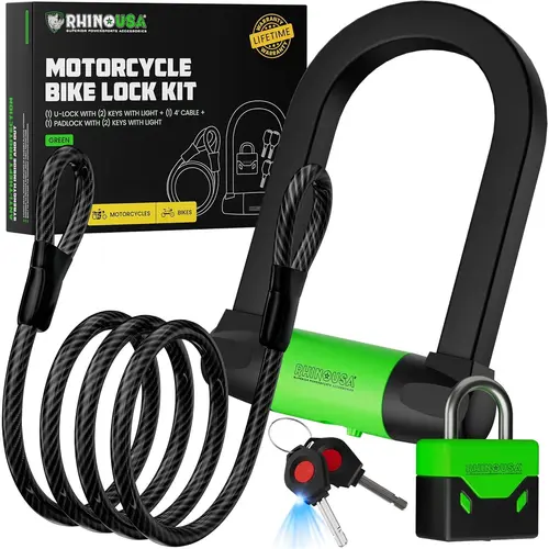 Rhino USA Heavy-Duty Bike Lock Set for motorcycles, bicycles, Scooters, EBikes, Gates and more - U-Lock and a Padlock Included