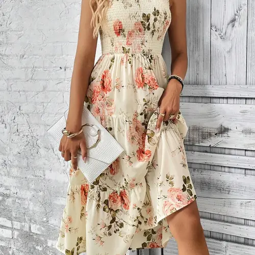 Women's Floral Print Frill Trim Shirred Ruffle Hem Tank Dress, Bohemian Style Sundresses, Boho Fashion, Boho Sleeveless Round Neck A-Line Dress for Beach Holiday Vacation, Ladies Summer Casual Clothes, Midi Dress