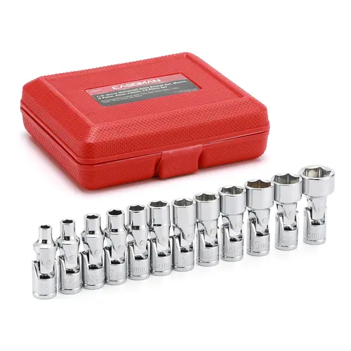 CASOMAN 12PCS 1/4" Drive Metric Chrome-Vanadium Hex Bit Socket Wrench Set - 5mm-15mm 6-Point Grip/Opening Grips, 360-Degree Swivel Head for 360° Tight Turns, Corrosion-Resist 50BV30 Steel, Tight Space Reach, Mechanic Tools, Father's Day Gift