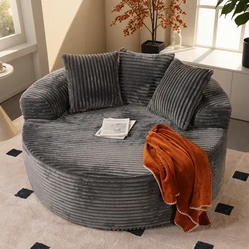 Oversized Round Chair Lounge Chaise Indoor, No Assembly Required, Cloud Large Circle Chair with Plush Fuax Fur, Fluffy Modern Sleeper Sofa Bed for Reading Yoga (Grey)
