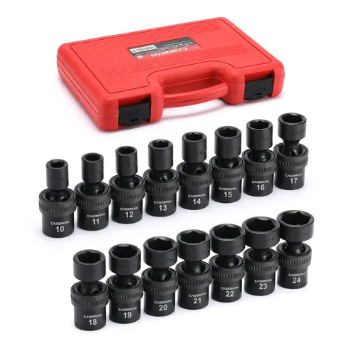CASOMAN 15-Piece 1/2" Drive 6-Point Bite Grip Metric Swivel Socket Tool Kit Set, 10-24mm Flex Design, Cr-Mo Steel, Corrosion-Resistant Finish, High-Contrast Size Marking, Heavy-Duty Mechanic Tools for Mechanics’ Industrial Metal Work