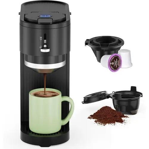 Kismile Single-Serve Coffee Maker Machine with Carafe - Capsule & Ground Coffee Compatible, 5 Customizable Brew Sizes Up to 14 Oz, Adjustable Funnel Height, Auto Shut-Off, Small Footprint, Quick Brew, Easy to Use/Clean, Ideal for Home Users/Office, Black