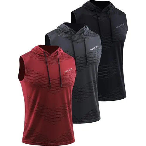 Neleus Men's 3-Pack Sleeveless Hooded Sweat Vest Tank - 100 Percent Polyester, Dry Fit Wicking Mesh, Lightweight Activewear, Workout Apparel, Gym Workout Clothes, Sports Breathable Outfits for Shoulder-Focused Training, Running