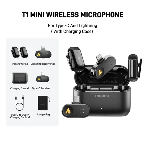 T1 MINI Wireless Lavalier Microphone Adapter for iPhone,  Android smartphones of Lightning and Type-C, 3.5mm Camera, perfect for TikTok, YouTube, Video Vlogging, Audio Recording, interviewing