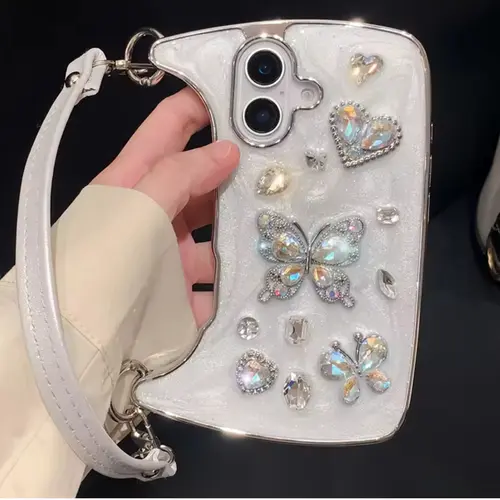 HISTORYOO ( Hand Lanyard ) Glitter Bling Diamond Heart Sparkle Case for iPhone 18 Pro Max 17 16 15 14 13 Pro Max for Women Girls Crystal Handbag Wristband Bracelet Shockproof Cute Pretty Love Luxurious 3D Rhinestone Decorate Silicone Soft Shell Back Cover