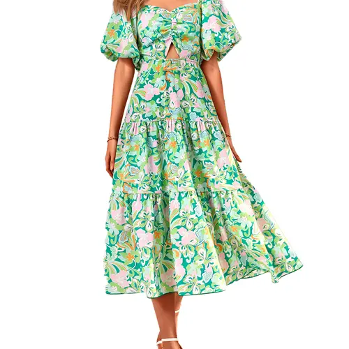 BTFBM Women Summer Dresses 2026 Casual Flowy Beach Square Neck Puff Short Sleeve Smocked Back Boho Floral Long Maxi Dress #Outdoorfun