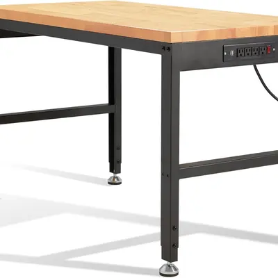 Height Adjustable Heavy-Duty Workbench, 48"x24" Solid Wood Desktop, 2000 Lbs Capacity, Built-In Power Outlets, Heavy Duty Desks for Garage & Office summergarden