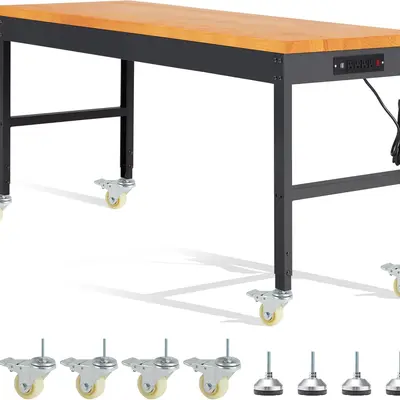 Height Adjustable Solid Wood Workbench with Heavy-Duty Wheels, 60" Size, 2000 Lbs Capacity Work Station, Rolling Commercial Office Furniture for Garage Shop, Home Office Furniture with Solid Wood Construction Modern Wood Desk summergarden