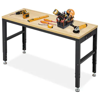 Heavy Duty Wood Workstation - 60" L x 24" W, 2000 Lbs Capacity, Smooth Surface, Power Outlets, Adjustable Height Computer Desk with Adjustable Desk Mount, Large Utility Table for Garage, Workshop