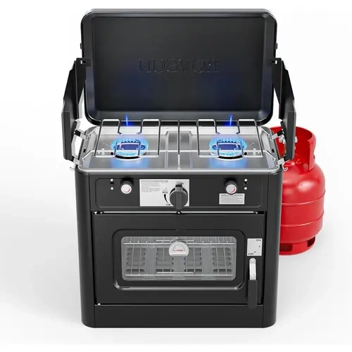 ROVSUN 2-in-1 Compact Portable Outdoor Cooking Station Hiking Gear, Camping Tailgating Steel Frame Oven + Dual Burner Gas Tools Stovetop with Piezo Ignition, Adjustable Fire, Thermometer View, Wind Panel, Regulator, Detachable Racks (Black)