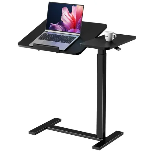Sweetcrispy Gas Spring Rust-Resist Steel Frame Overbed Table - Adjustable Height (29.5"-43.3"), Tilting Top, 360° Rolling Wheels, Stable H-Base (1.38in Low), Holds 33lbs, Gas Lift Mechanism, Assembly Required, Hospital/Bedroom Computer Desk