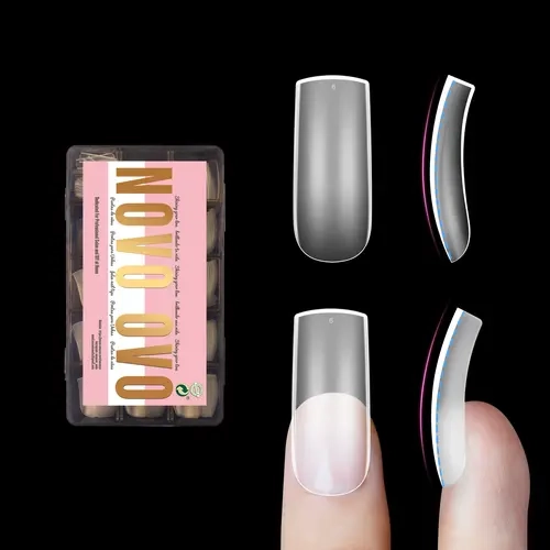 NOVO OVO Medium Length Plastic Press-On Full Cover Square Nails Kit - Thick Eagle Claw Hawk Curve, Pre-Etched Soft French Extensions, 15 Sizes 240 Pieces, Accessories, for Nails Inspo, Cosplay, Halloween