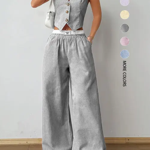 Women's Striped Print Vneck Vest Top & Wide Leg Pants Two-Piece Set, Casual Sleeveless Top & Pants for Summer, Ladies Clothes for Daily Wear