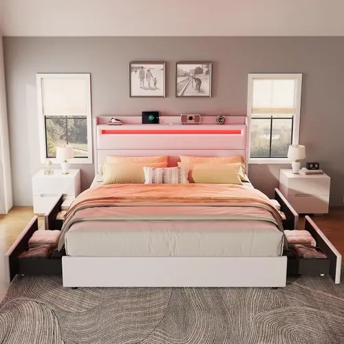 VanAcc Modern Platform Bed with Storage Headboard and 4 Foldable Storage Drawers, Upholstered Headboard with RGBW LED Lights and Charging Station, Soft Linen Fabric Bed Frame, No Box Spring Needed #SohoChic
