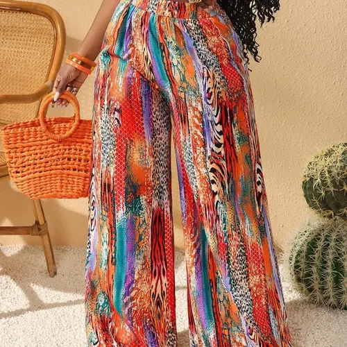 【Plus Size】 All Over Print Wide Leg Trousers, Boho Fashion Trousers, Boho Casual Pants for Daily Holiday Vacation Wear, Women's Bottoms for All Seasons
