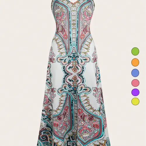 Women's Floral Print Lightweight Knit Dress, Boho Style Bohemian Casual Sleeveless Spaghetti Strap Long Fitted Dress for Beach Holiday Vacation, Ladies Summer Clothes, Womenswear