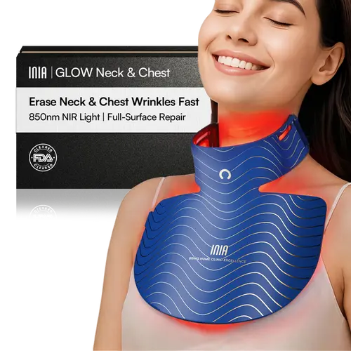 [New Color Drop] INIA GLOW Neck & Chest Red Light Mask – 850nm NIR LED Mask for Wrinkle & Spot Reduction, Lift & Firm in 4 Weeks, Rechargeable 2600mAh Controller, Clinic-Grade Full Coverage, Summer Beauty Gift Ideas