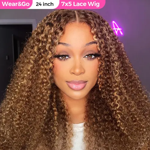 CurlyMe 4/27 Highlight Color Kinky Curly Ombre Hair Pre-cut 7x5 Lace Wear Go Glueless Human Hair Wigs Pre-plucked Outdoorfun