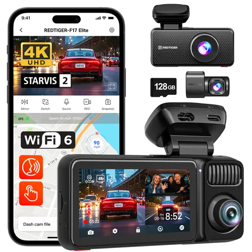 【DealsForYouDays】REDTIGER F17 Elite 4K 3-Channel Dash Cam with STARVIS 2 IMX678 & IMX675, 128GB Card, Full Night Color, 4K+2.5K+1080P Front Rear Inside, Touch Screen, Voice Control, 5GHz WiFi 6, GPS, HDR, 24 Hours Parking Mode, Car rvibes, Car VLOG,