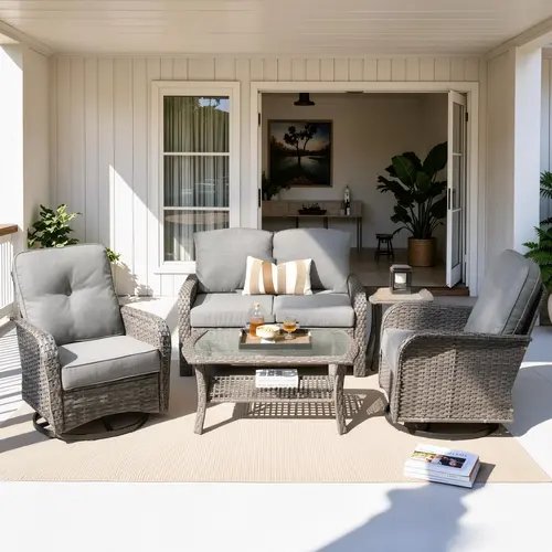 【Deals For You】OVIOS 5-Piece Outdoor Patio Furniture Set with High-Back Swivel Rocking Chairs & Coffee Table, All-Weather Wicker Sofa Conversation Set with Cushions for Backyard, Patio, Porch, Deck & Garden