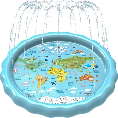 SplashEZ 3-in-1 60'' Inflatable BPA-Safe PVC Splash Pad, Around The World Map Graphics STEM Learning Water Toy for 12m+ Kids, Outdoor Sprinkler Play Mat