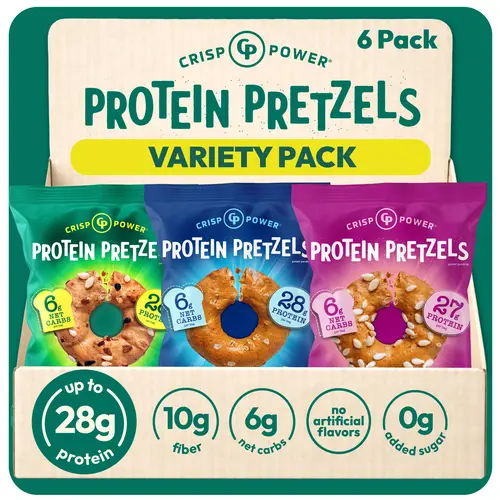 Crisp Power Protein Pretzels, 28g Protein, High Protein, High Fiber, Low Carb, Crunchy Pretzel Snacks, No Added Sugar, 1.75 oz Bags, 6 Pack, Vegan, Plant-Based, Keto