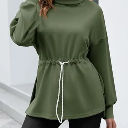 FISOEW Women's Turtleneck Sweatshirts Long Sleeve Pullover Tops Side Slit Tunic Shirts with Drawstring Waist Hoodie White Casual Womenswear #TikTokShopHolidayHaul