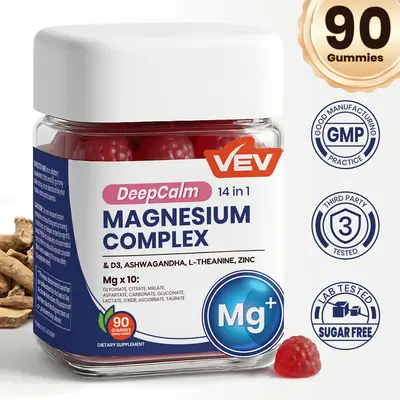VEV  DeepCalm 14-in-1 Magnesium Gummies Complex – Glycinate, D3, Ashwagandha, L-theanine, Zinc – 90 Count, Vegan, No Sugar