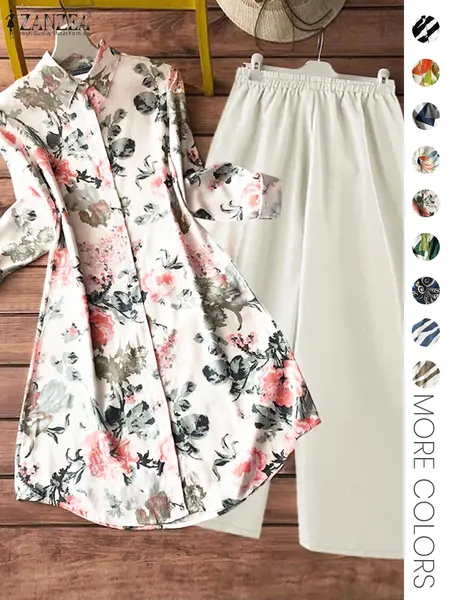 Women's Two-Piece All-Over Print Button Shirt & Wide-Leg Pants Set, Casual Long-Sleeve Collared Outfit for All Seasons