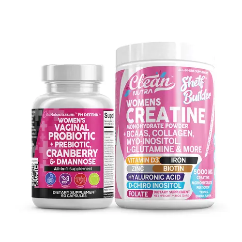 Clean Nutra Feminine Strength Duo | Women's Probiotic & Prebiotic Capsules & Creatine Monohydrate Powder for PH & Muscle Support [PH Defend + Shelf Builder]