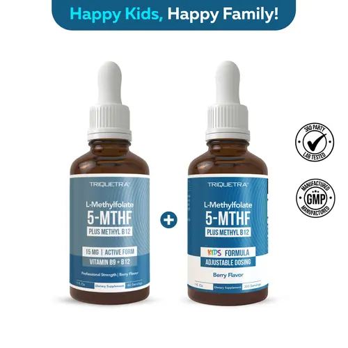 Triquetra Health Happy Family Bundle L-Methyl Folate 15mg & B12 Cofactor + Kids L-Methyl Folate | Organic Liquid Active Form with Enhanced Sublingual Absorption for Brain Health and Mood Support | Vitamin | Supplement | Edible Dietary Fitness