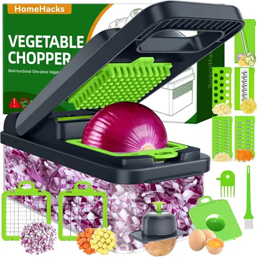 HOMEHACKS 14-in-1 Multifunctional Meat Vegetable Cutter - Manual Cheese Shredder, Onion Potato Grater, 2 Sizes of Chopper Blades, 1/10 Prep Time, Cook Savior, Food-Grade ABS Kitchen Utensil with Container, Secure Riveted Cuts, Scrape+Brush Cleanup