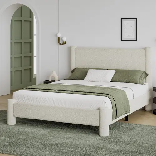 HOMBCK Soft Boucle Upholstered Queen Size Modern Platform Bed Frame with Rounded Corners Headboard, Stable Divan Bed, No Mattress/Box Spring Needed, Assembly Required, Supports 600lbs, Space-Saving Apartment Furniture #SohoChic#Homemakeover