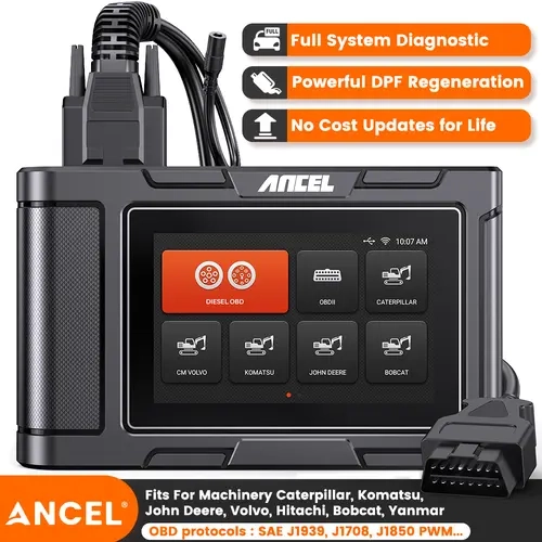 ANCEL HD3600 Heavy Equipment OBD Scanner - Tablet-Based Tool with Quad-Core CPU, OBD Port, DPF Regen, Full System Diagnostics, English/Spanish UI for Construction, Off-Road Cummins, Caterpillar, Komatsu Vehicles
