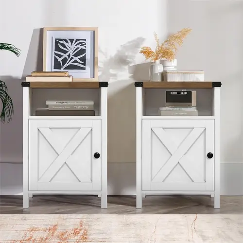 HOMBCK Farmhouse Style Wooden End Table - Rustic Square 15.8”x13.8”x23.7” Size, 300lb Capacity, Barn Door Storage, 0.7” Boards, Easy DIY Setup, Assembly Guide for Bedroom, Living Room (Fits Show Lamp, Clock, Plant)