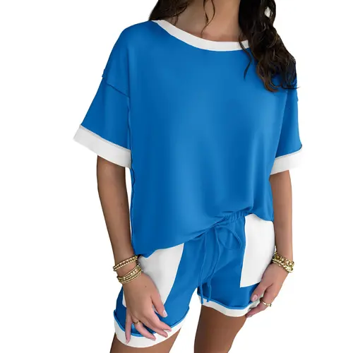 FISOEW Sports 2026 Summer Spring Women's Summer 2 Piece Sportswear Set, Loose Sweatshirt and Shorts, Casual Color-Blocking Breathable Loungewear Set, New Autumn Collection, Chic Matching High Waisted Womenswear